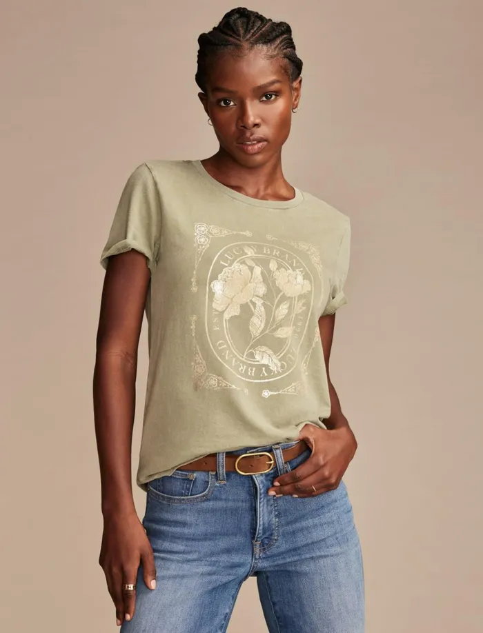Lucky Brand Graphic Tees Women Foil Floral Frame Classic Crew Sea Spray