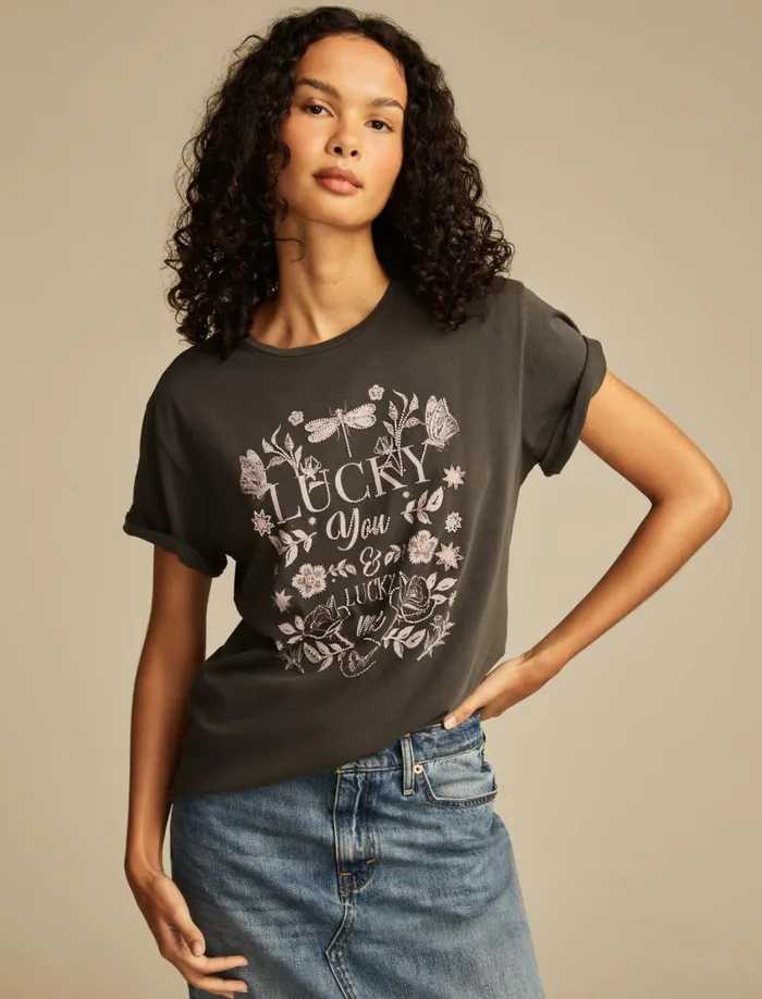 Lucky Brand Graphic Tees Women Lucky You Lucky Me Classic Crew Phantom