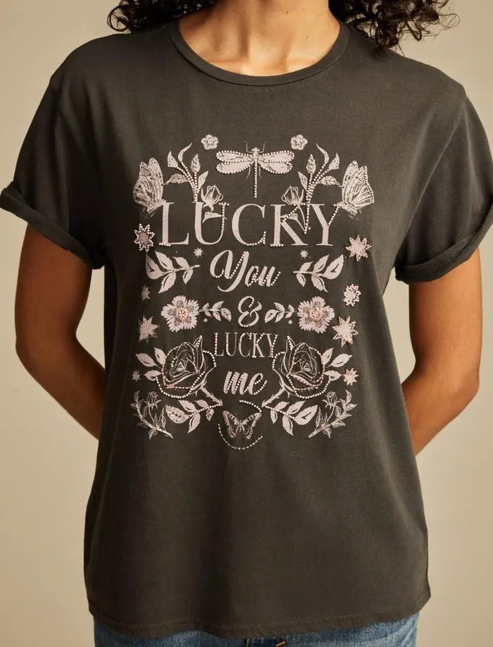 Lucky Brand Graphic Tees Women Lucky You Lucky Me Classic Crew Phantom