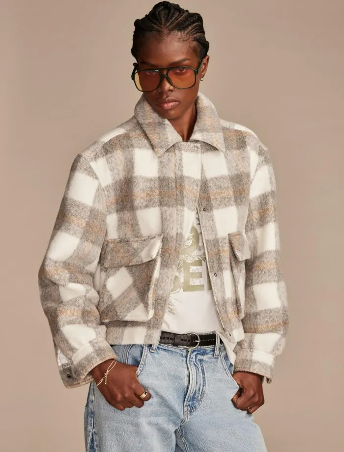 Lucky Brand Jackets and Outerwear Women Cropped Plaid Jacket Grey White Plaid
