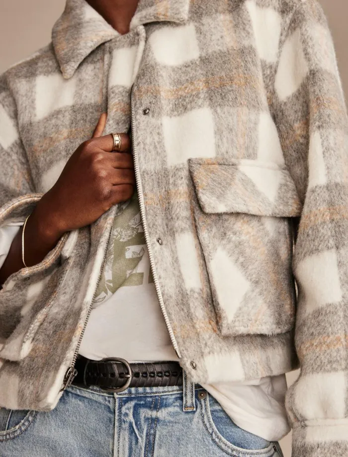 Lucky Brand Jackets and Outerwear Women Cropped Plaid Jacket Grey White Plaid