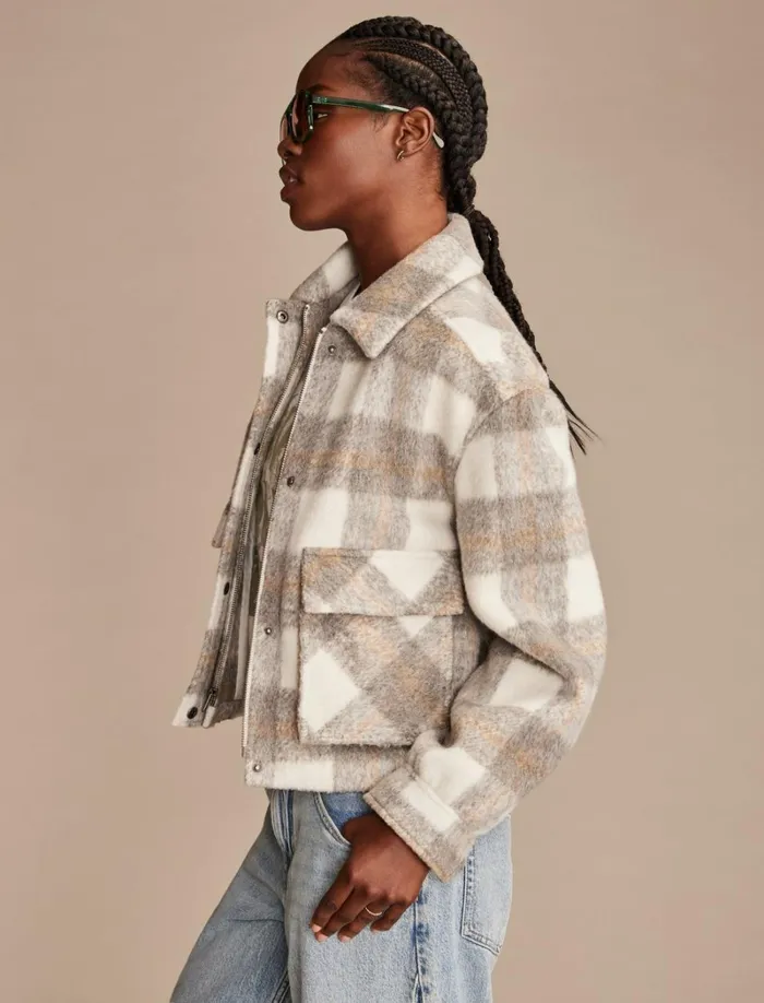 Lucky Brand Jackets and Outerwear Women Cropped Plaid Jacket Grey White Plaid