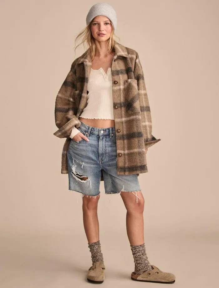 Lucky Brand Jackets and Outerwear Women Oversized Plaid Shirt Jacket Light Brown Plaid