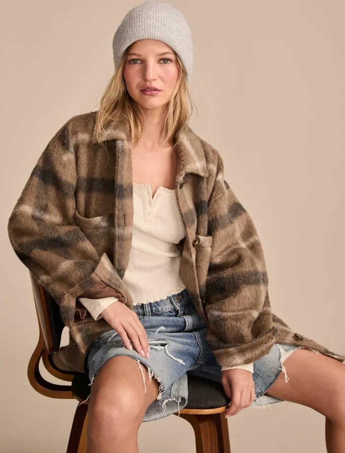 Lucky Brand Jackets and Outerwear Women Oversized Plaid Shirt Jacket Light Brown Plaid