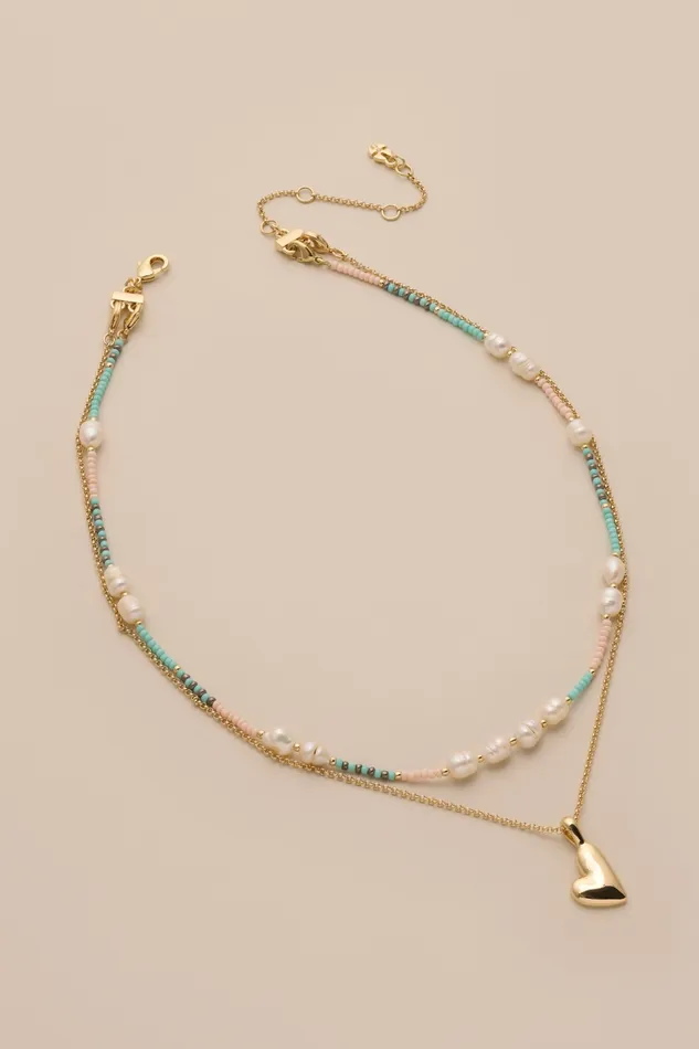 Lucky Brand Jewelry Women Heart Beaded Layer Necklace Gold