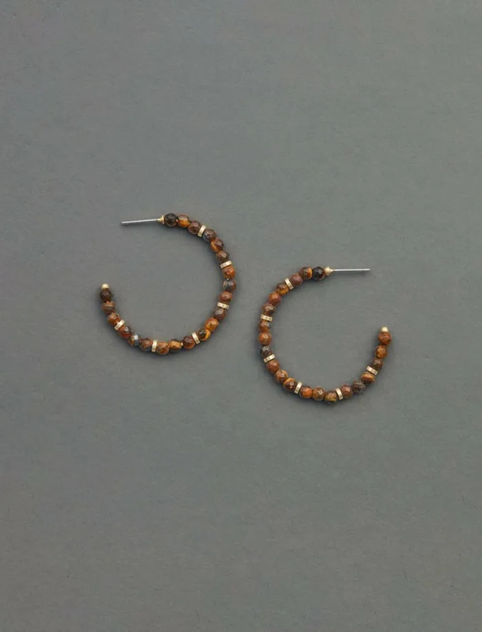 Lucky Brand Jewelry Women Tigers Eye Beaded Hoop Earring Gold