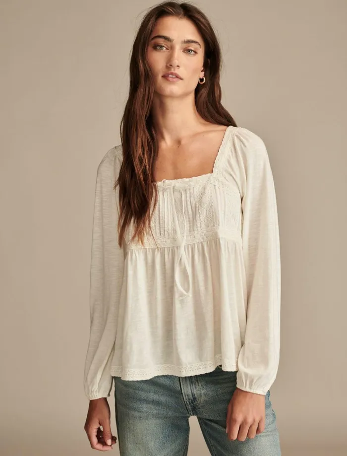 Lucky Brand Knit Tops Women Lace Paneled Tunic Tee Whisper White