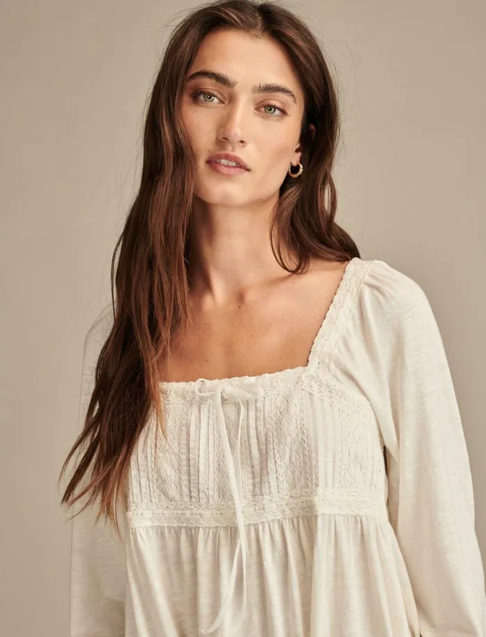 Lucky Brand Knit Tops Women Lace Paneled Tunic Tee Whisper White