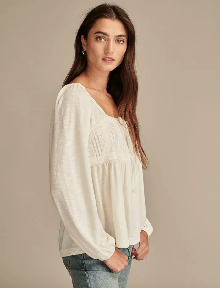 Lucky Brand Knit Tops Women Lace Paneled Tunic Tee Whisper White