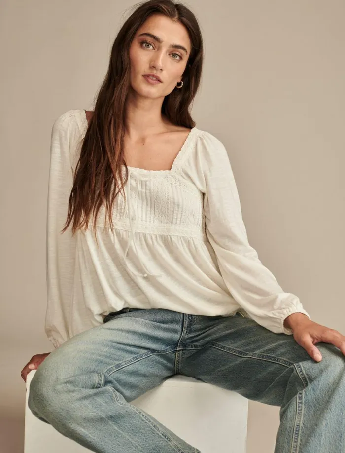 Lucky Brand Knit Tops Women Lace Paneled Tunic Tee Whisper White