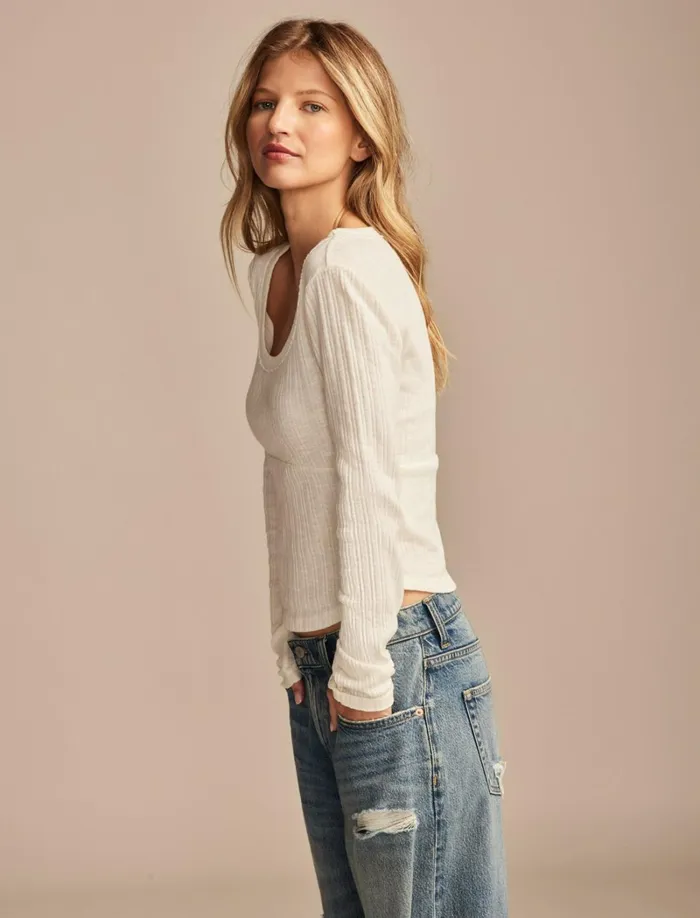 Lucky Brand Knit Tops Women Seamed Scoopneck Long Sleeve Top Whisper White