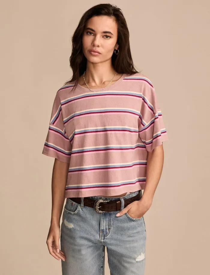Lucky Brand Knit Tops Women Short Sleeve Stripe Tee Pink Stripe