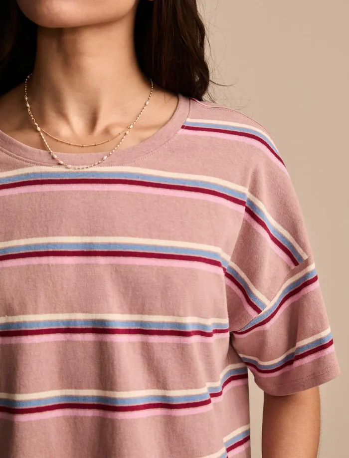 Lucky Brand Knit Tops Women Short Sleeve Stripe Tee Pink Stripe