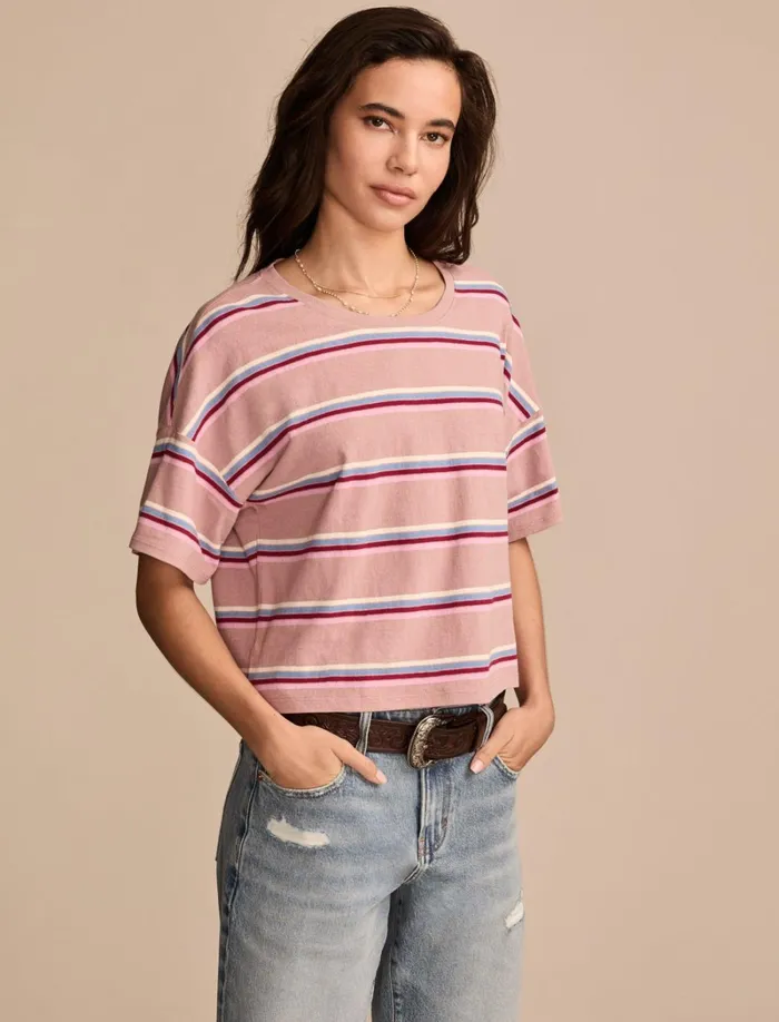 Lucky Brand Knit Tops Women Short Sleeve Stripe Tee Pink Stripe