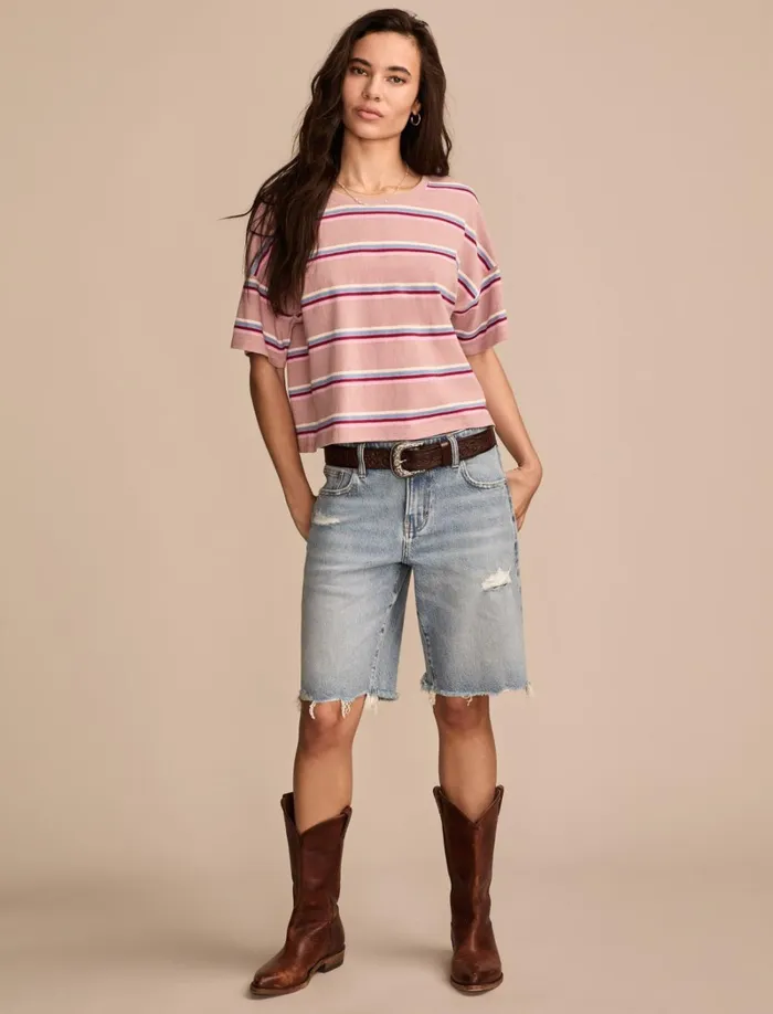 Lucky Brand Knit Tops Women Short Sleeve Stripe Tee Pink Stripe