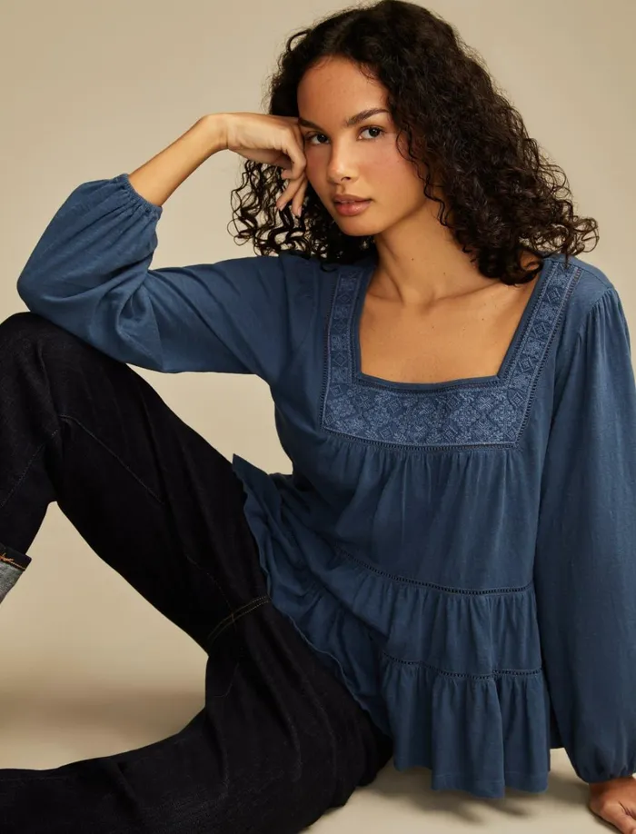 Lucky Brand Knit Tops Women Square Neck Embroidered Peasant Top Mood Indigo