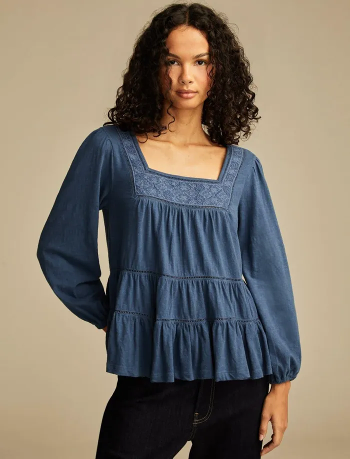 Lucky Brand Knit Tops Women Square Neck Embroidered Peasant Top Mood Indigo