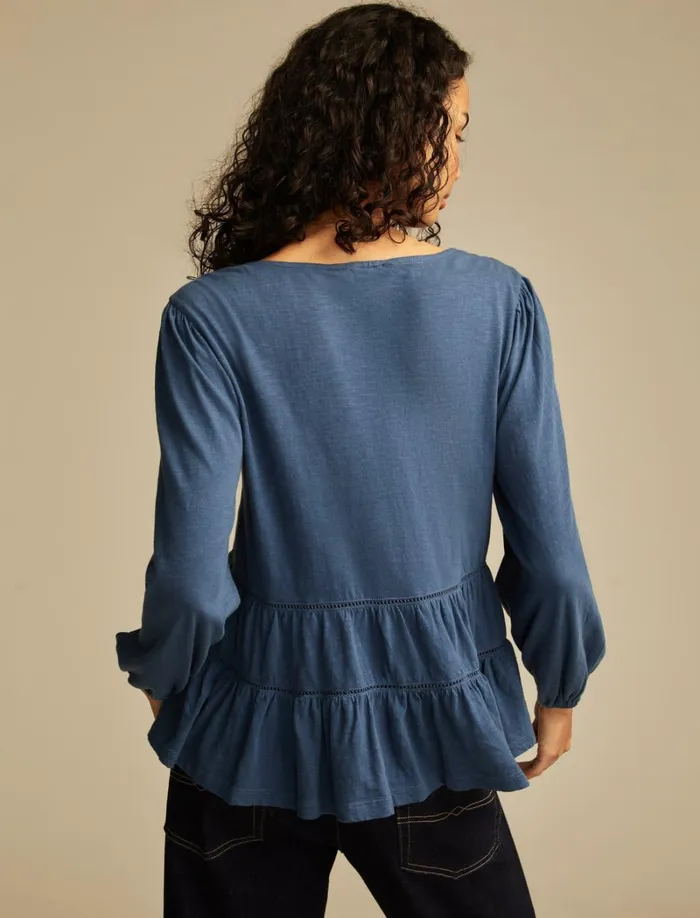 Lucky Brand Knit Tops Women Square Neck Embroidered Peasant Top Mood Indigo
