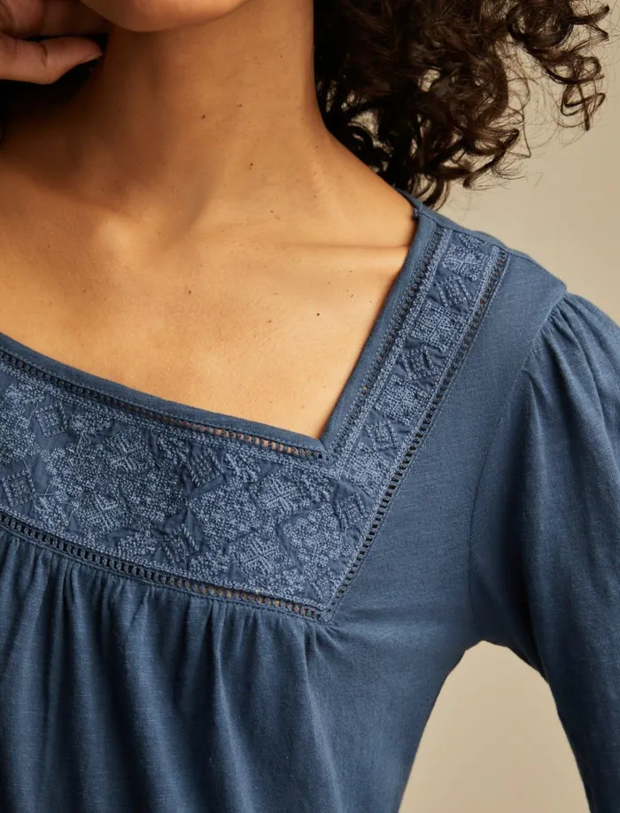 Lucky Brand Knit Tops Women Square Neck Embroidered Peasant Top Mood Indigo
