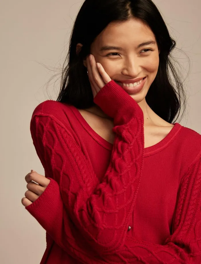 Lucky Brand Knit Tops Women Textured Mixed Sleeve Henley Jester Red