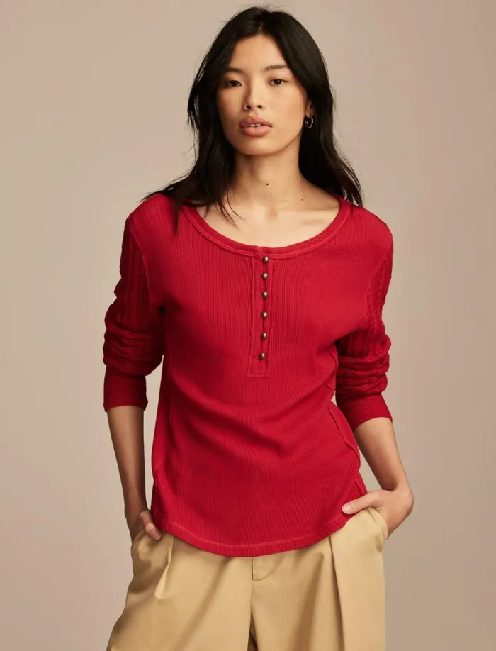 Lucky Brand Knit Tops Women Textured Mixed Sleeve Henley Jester Red