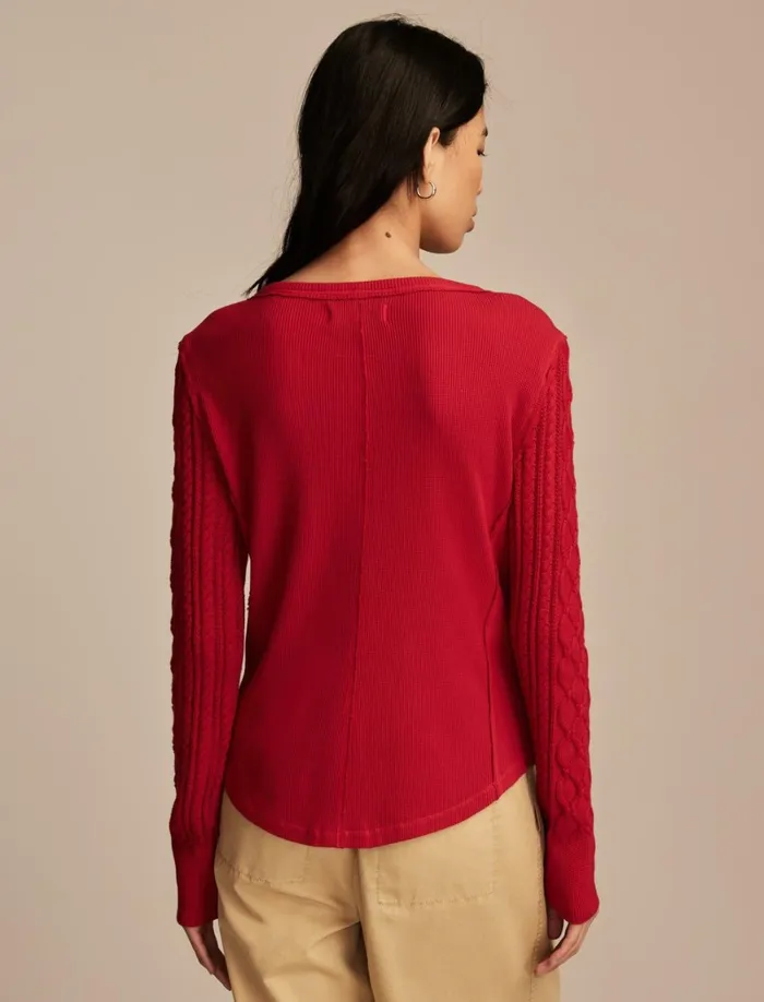 Lucky Brand Knit Tops Women Textured Mixed Sleeve Henley Jester Red