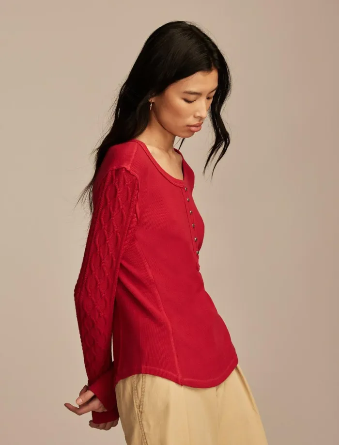 Lucky Brand Knit Tops Women Textured Mixed Sleeve Henley Jester Red