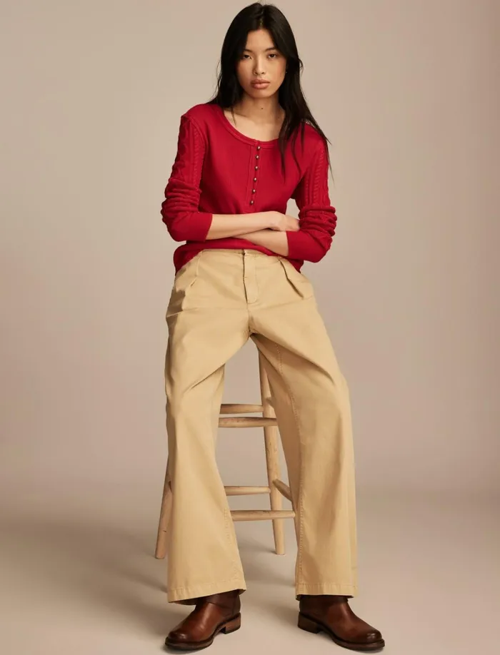 Lucky Brand Knit Tops Women Textured Mixed Sleeve Henley Jester Red