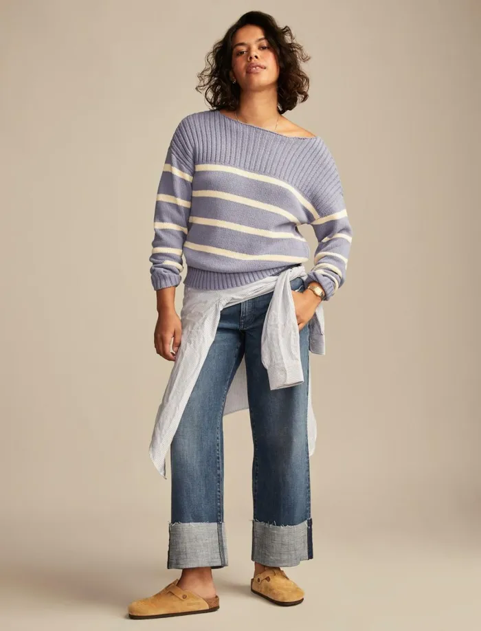 Lucky Brand Sweaters and Sweatshirts Women Boatneck Pullover Sweater Stonewash Stripe