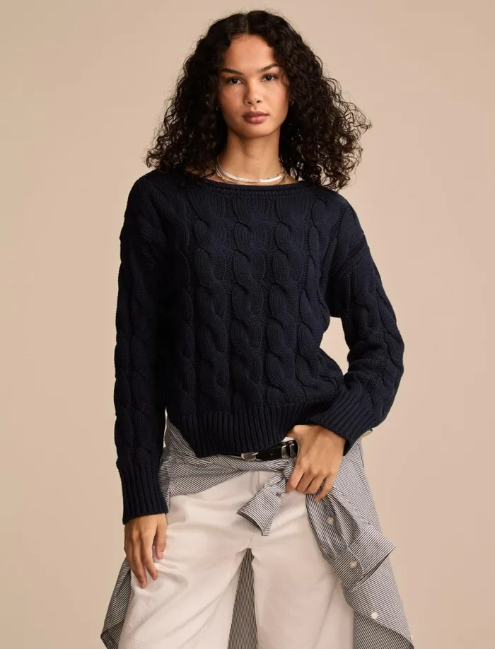 Lucky Brand Sweaters and Sweatshirts Women Cable Sweater Pullover Cadet Navy