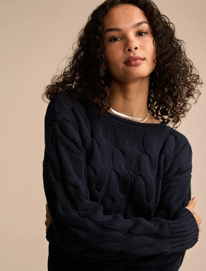 Lucky Brand Sweaters and Sweatshirts Women Cable Sweater Pullover Cadet Navy