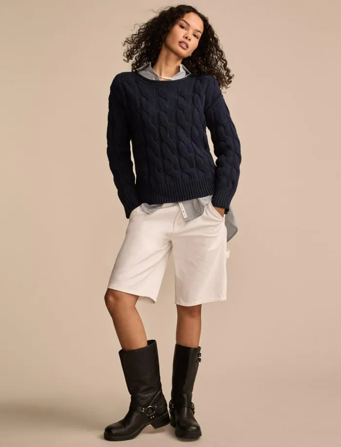 Lucky Brand Sweaters and Sweatshirts Women Cable Sweater Pullover Cadet Navy