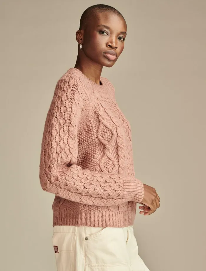 Lucky Brand Sweaters and Sweatshirts Women Mixed Cable Crew Pullover Sweater Burlwood