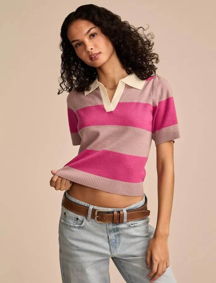 Lucky Brand Sweaters and Sweatshirts Women Striped Polo Short Sleeve Tee Woodrose