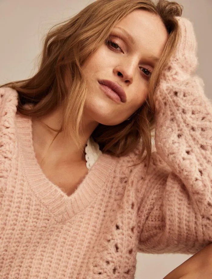 Lucky Brand Sweaters and Sweatshirts Women V Neck Pointelle Cable Pullover Sweater Rose Smoke