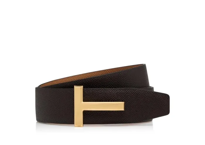 Men Belts Tom Ford Small Grain Leather T Icon Belt Chocolate Almond