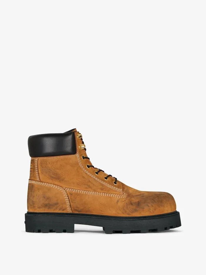 Men Boots and Loafers Givenchy Show Ankle Workboots In Nubuck With Used Effect Beigeblack