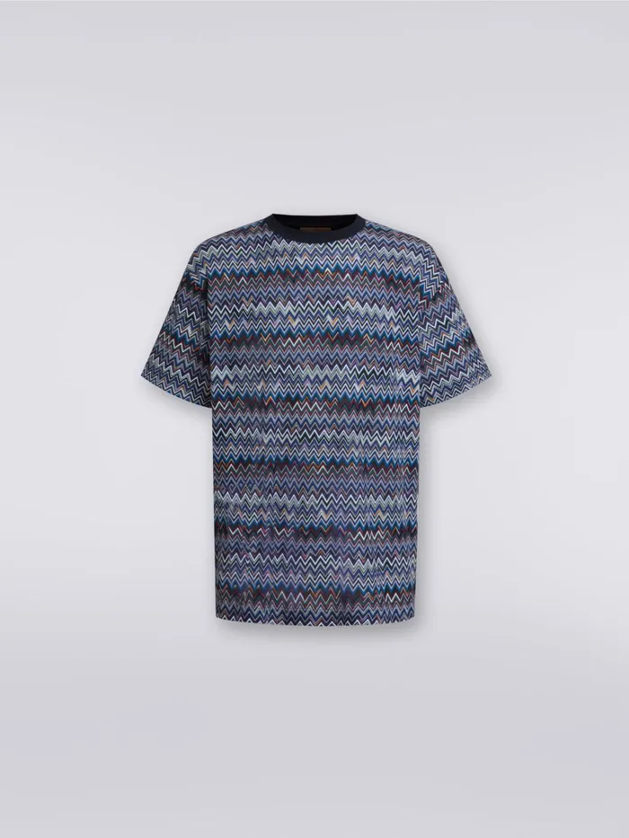 Men Cotton And Viscose Chevron CrewNeck TShirt Navy Blue Missoni Polos and Tshirts