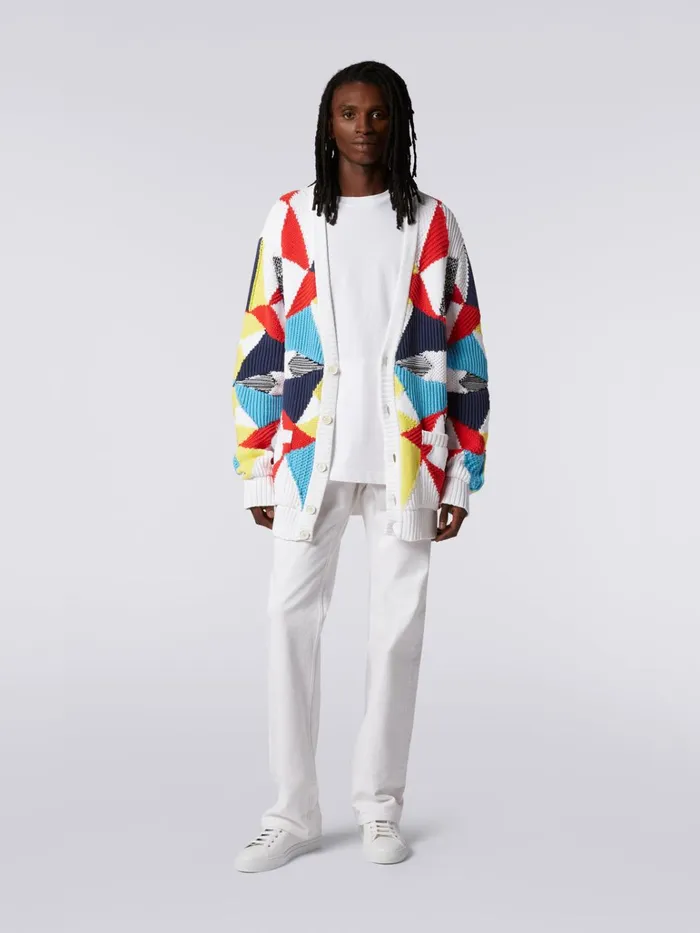 Men Cotton Blend Cardigan With MultiPoint Intarsia Details Multicoloured Missoni Knitwear