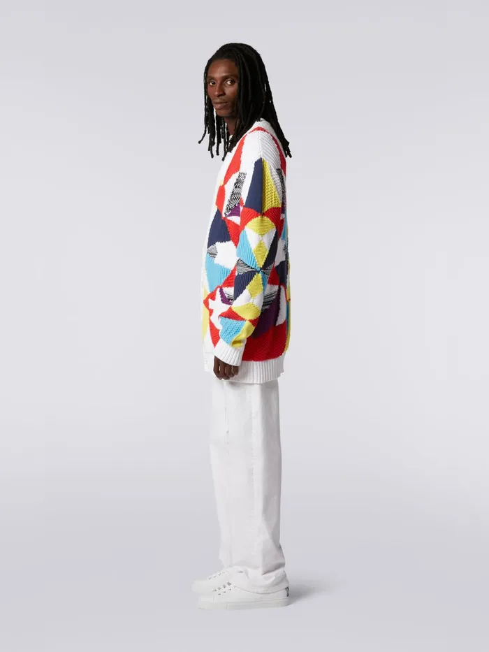 Men Cotton Blend Cardigan With MultiPoint Intarsia Details Multicoloured Missoni Knitwear
