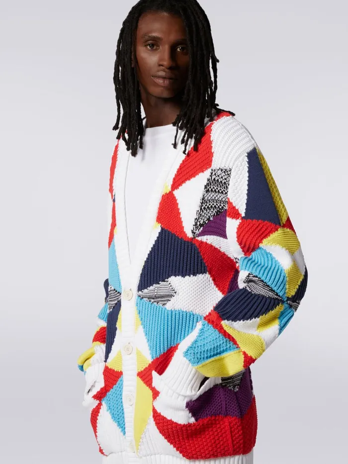Men Cotton Blend Cardigan With MultiPoint Intarsia Details Multicoloured Missoni Knitwear