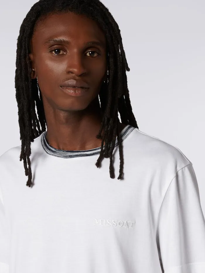 Men CrewNeck Cotton TShirt With Contrasting Detail And Logo Lettering White Missoni Polos and Tshirts