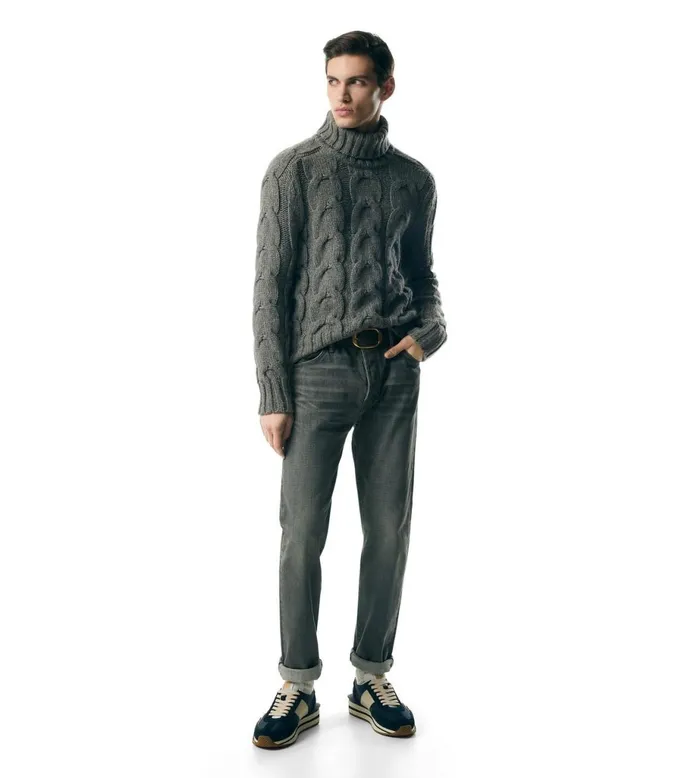Men Knitwear Tom Ford Baby Yak Cable Knit Roll Neck Grey Melange Men Knitwear Tom Ford Baby Yak Cable Knit Roll Neck Grey Melange