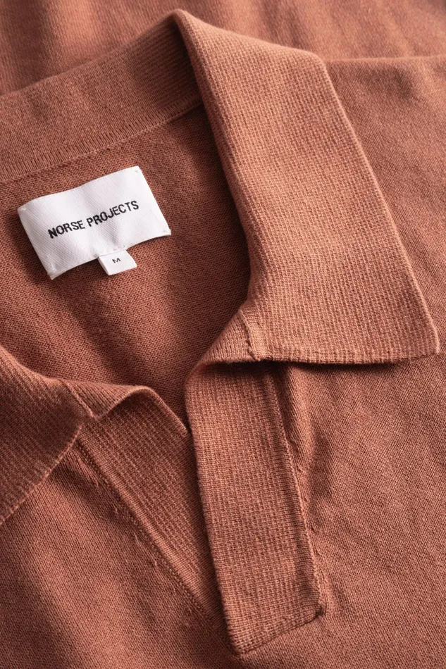 Men Leif Cotton Linen Polo Red Clay Norse Projects Knitwear