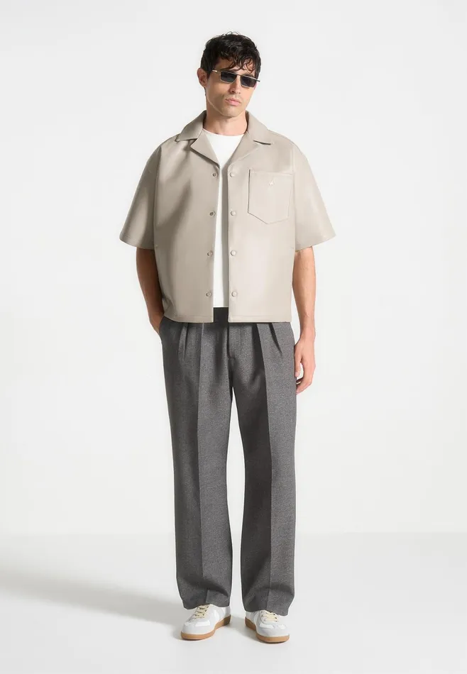 Men Manire De Voir Boxy Leather Revere Shirt Stone