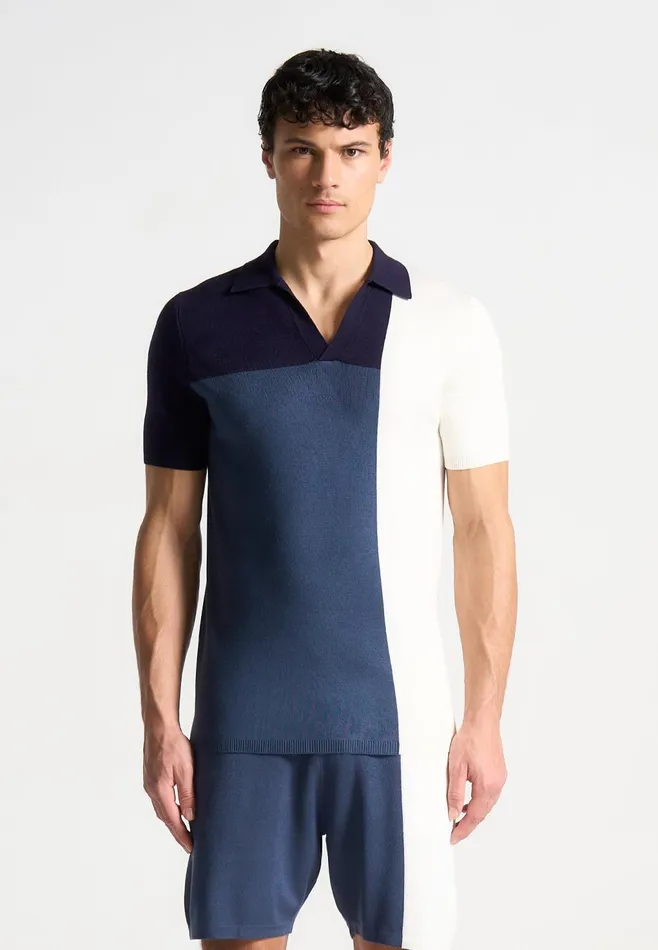 Men Manire De Voir Colour Block Knit Revere Polo Top Navysteel Blue