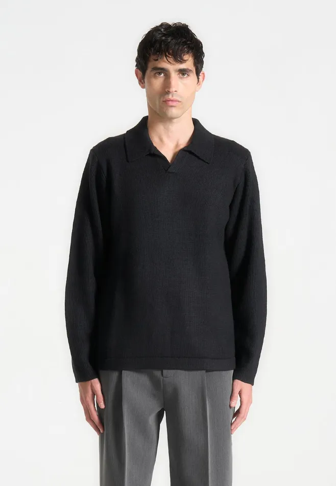Men Manire De Voir Wool Revere Long Sleeve Polo Top Black