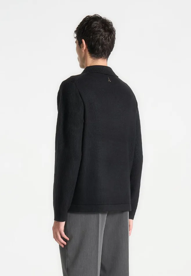 Men Manire De Voir Wool Revere Long Sleeve Polo Top Black