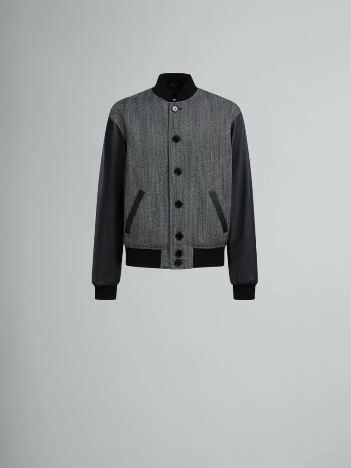 Men Marni Coats and Jackets Black Herringbone Wool Jacket With Leather Sleeves