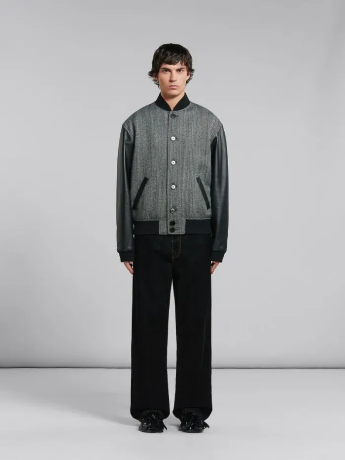 Men Marni Coats and Jackets Black Herringbone Wool Jacket With Leather Sleeves